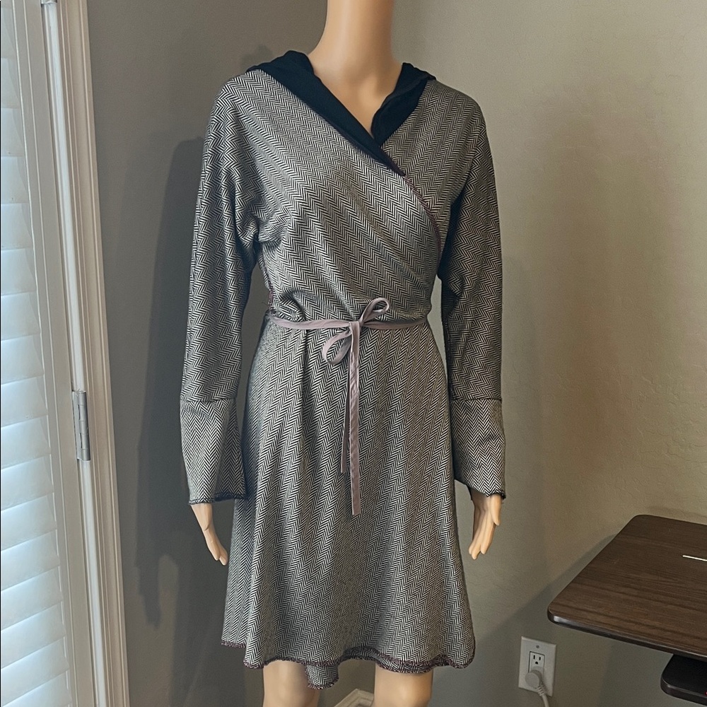 Black Hooded Herringbone Wrap Dress S-M
